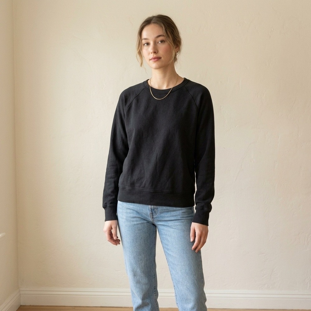 Quince Womens SuperSoft Fleece Crew XS Black Raglan Sleeve Top Minimalist